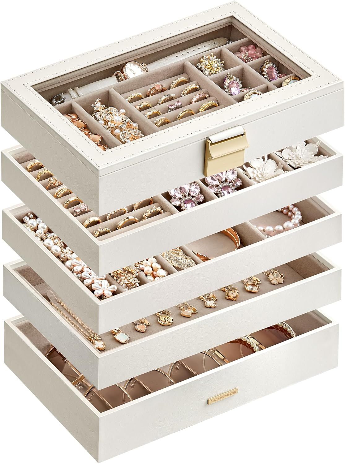 Cloud White 5-Tier Stackable Jewelry Organizer with Glass Lid