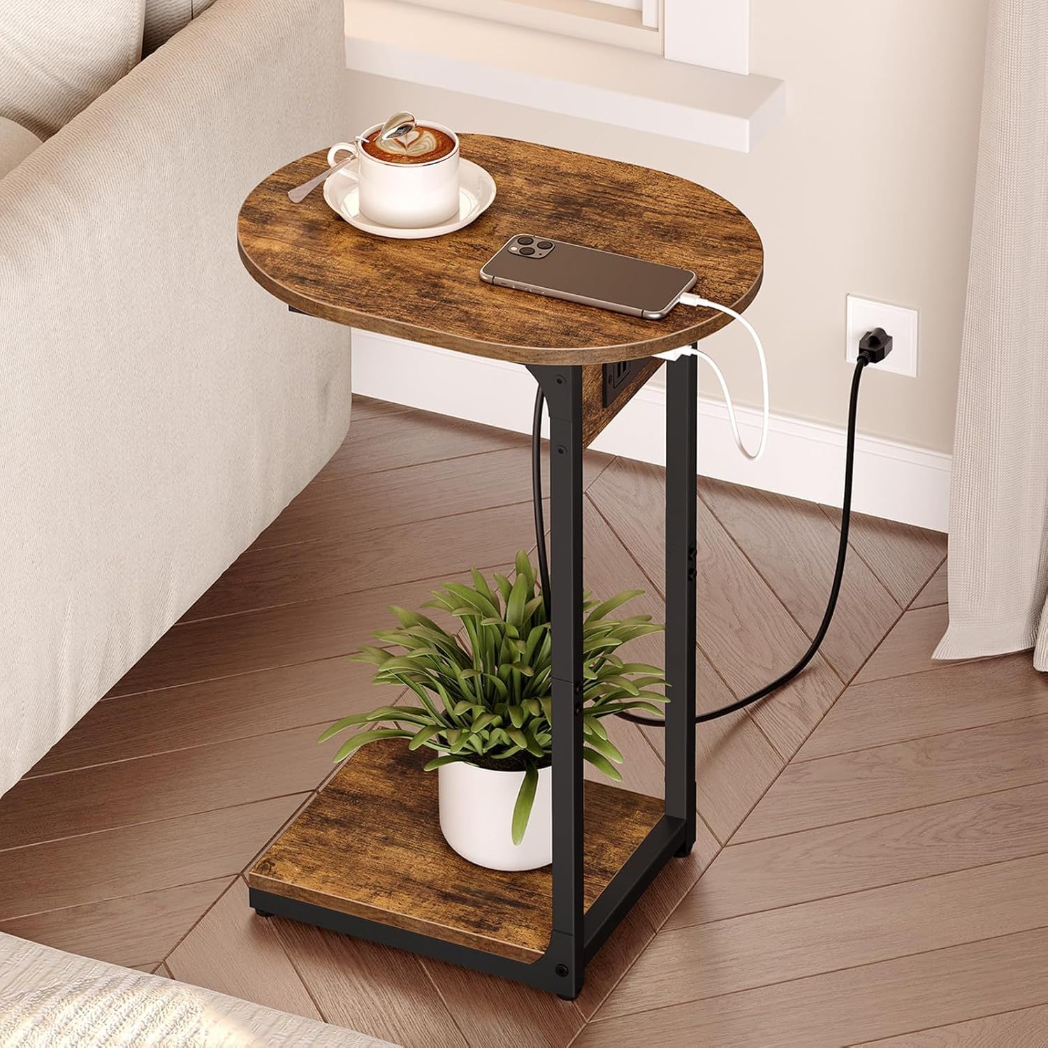 Rustic Brown and Black C-Shaped Side Table with Charging Station