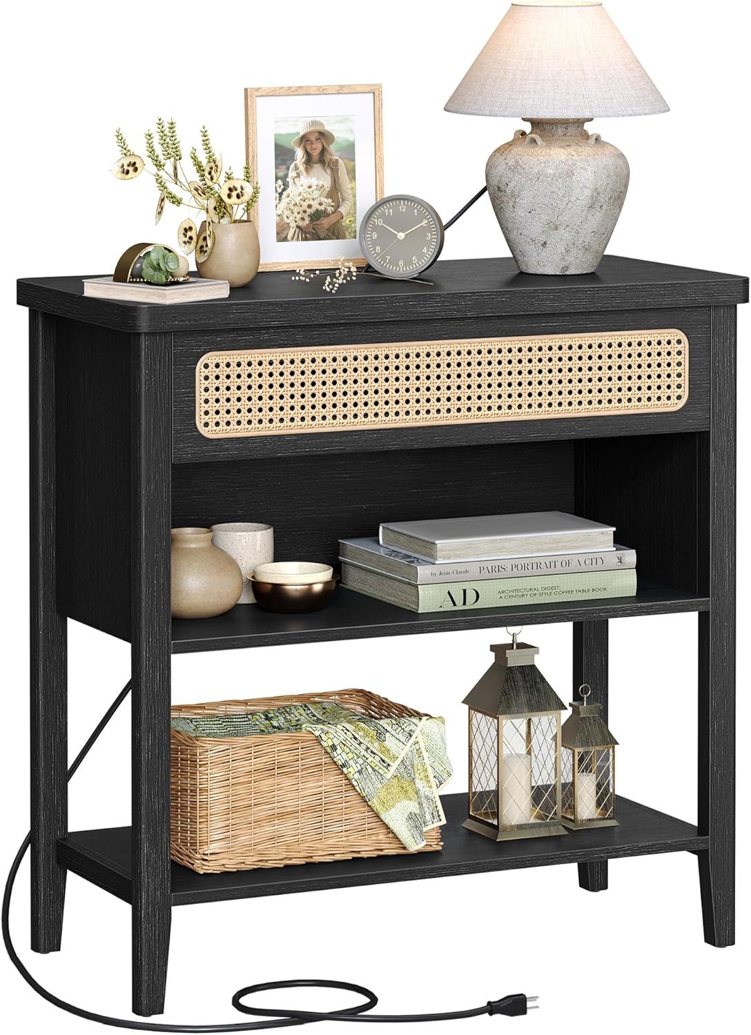 Ash Black Boho Console Table with Storage and Power Outlets