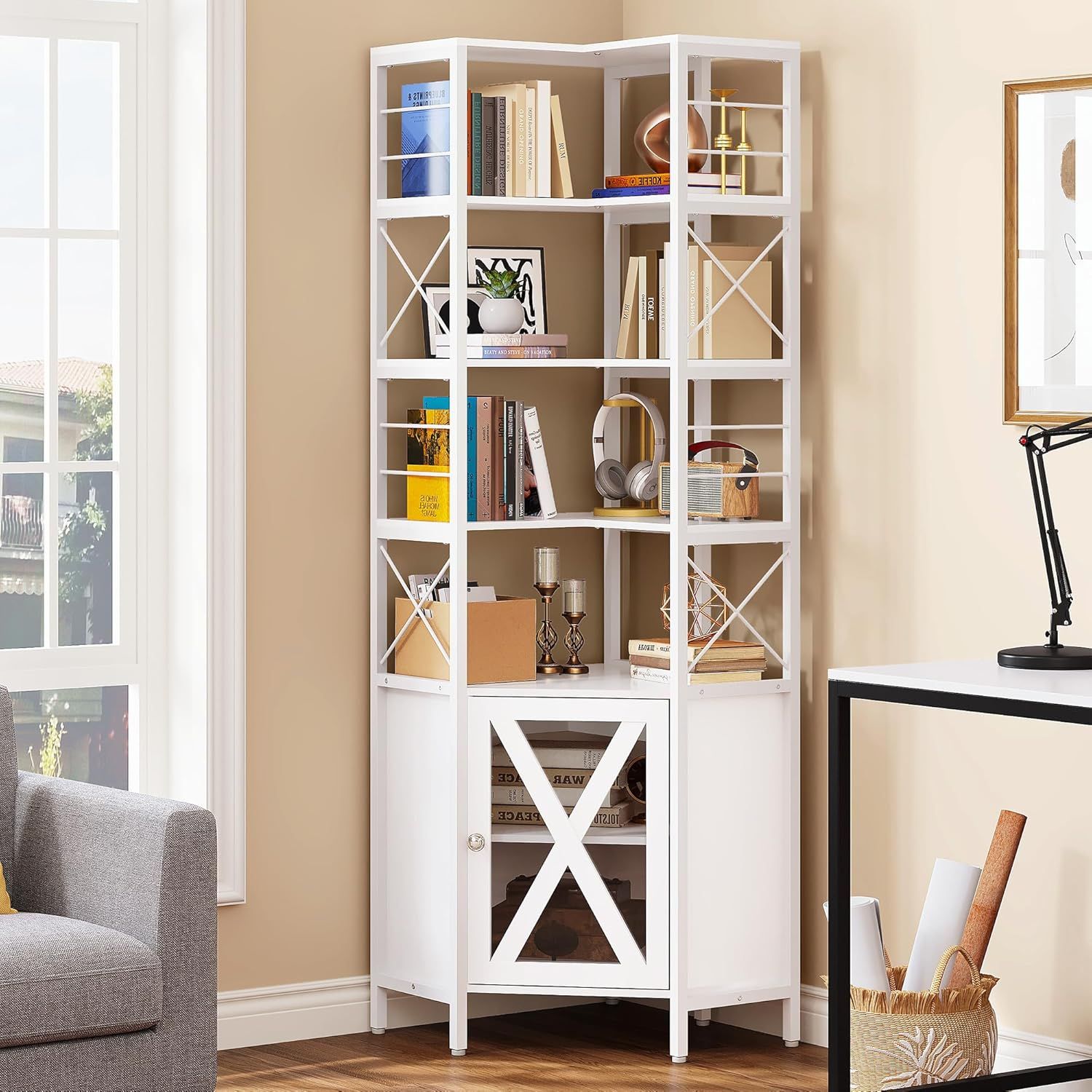 White 7-Tier Corner Bookshelf with Doors and Storage