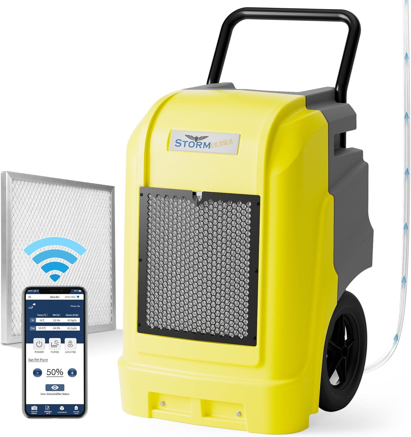 Yellow Commercial Smart WiFi Dehumidifier with Pump