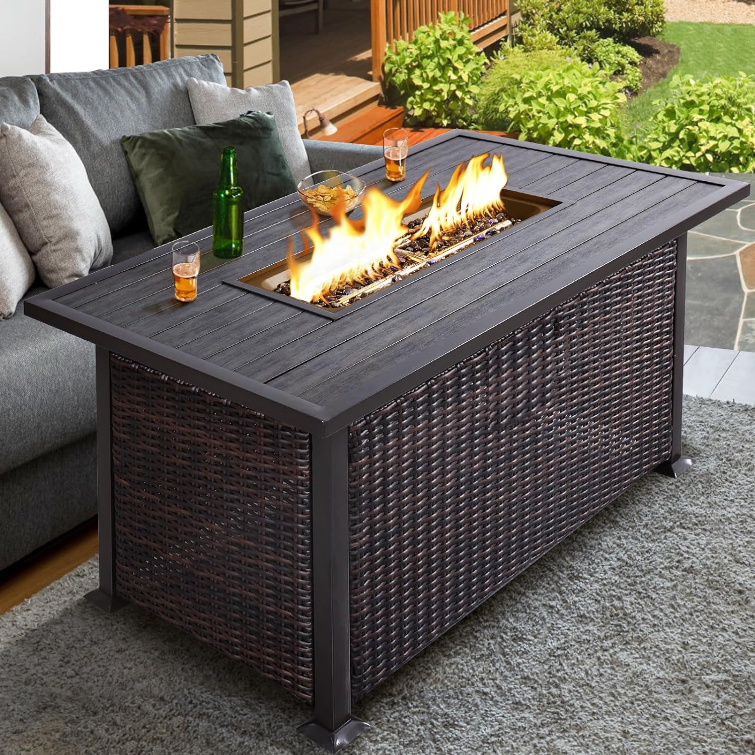 Brown Rectangular Gas Fire Pit Table with Wicker Design