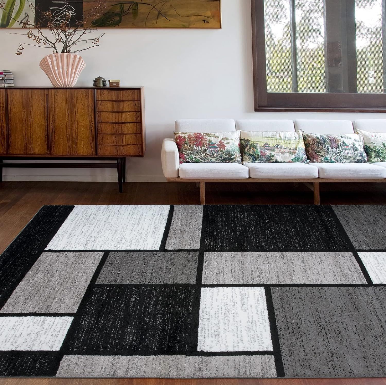 Gray and Black Geometric 10' x 14' Synthetic Area Rug