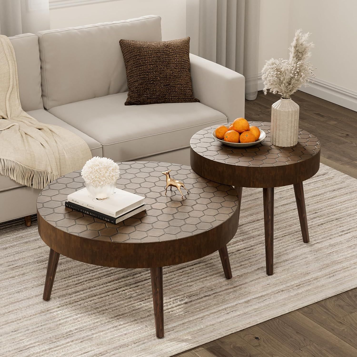 Brown Honeycomb Pattern Round Wood Nesting Coffee Table Set