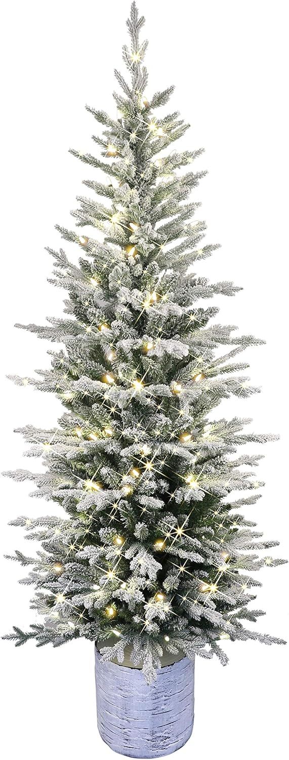 6-Foot White Flocked Fir Prelit Potted Christmas Tree