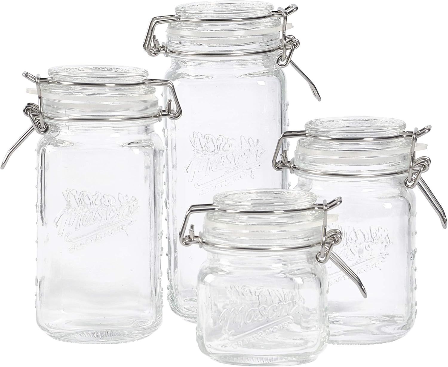 Vintage Style Airtight Clear Glass Mini Clamp Jar Set, 4 Pieces