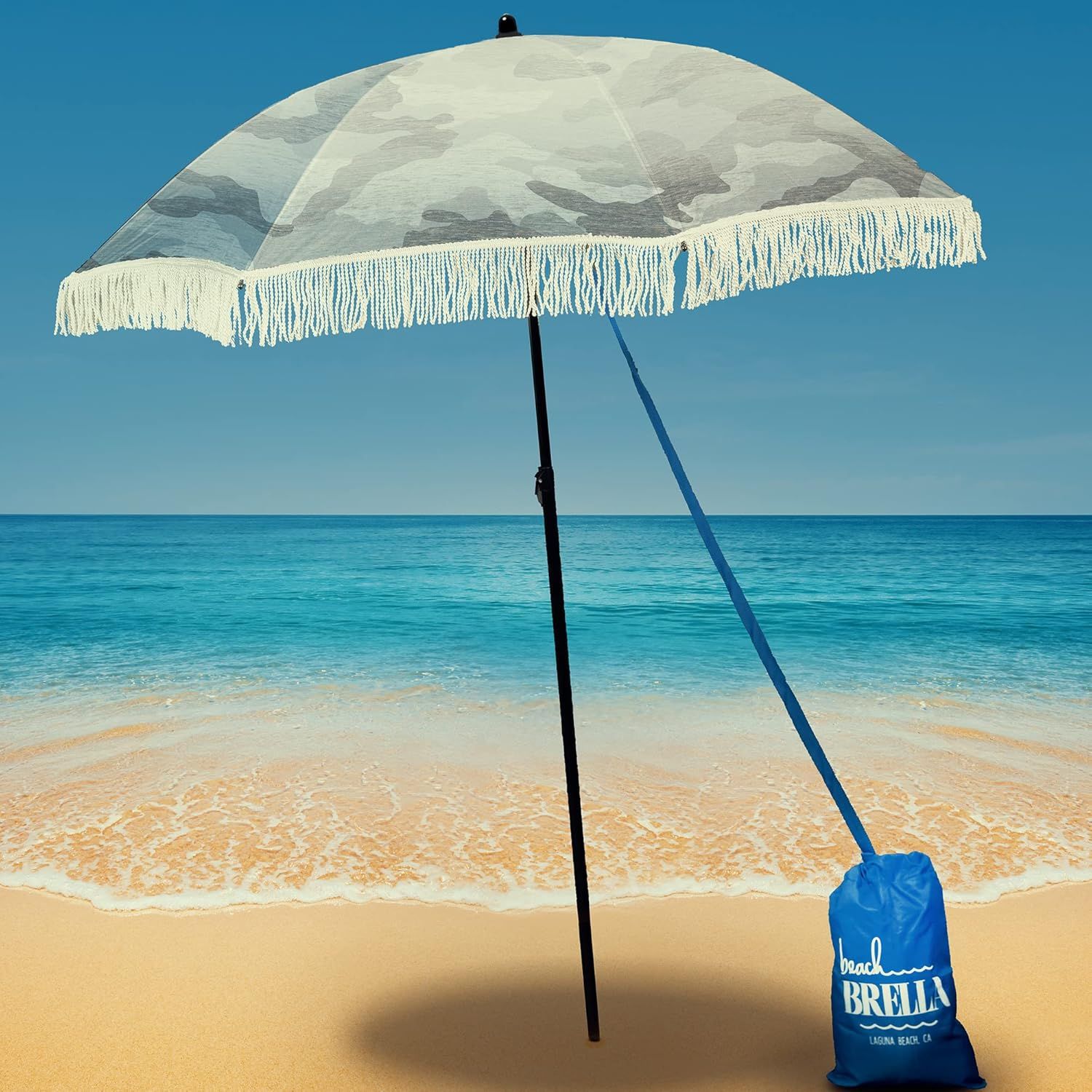 Calliope Denim Beach Umbrella with Fringe and Sand Anchor