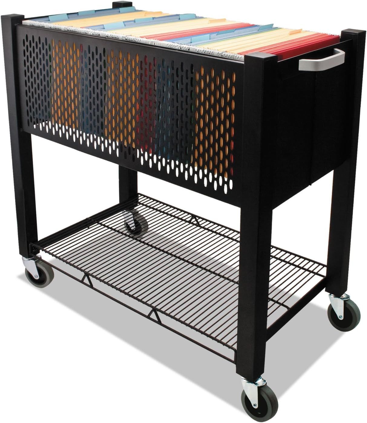 Black Steel Mobile File Cart with Push Handle and Locking Wheels