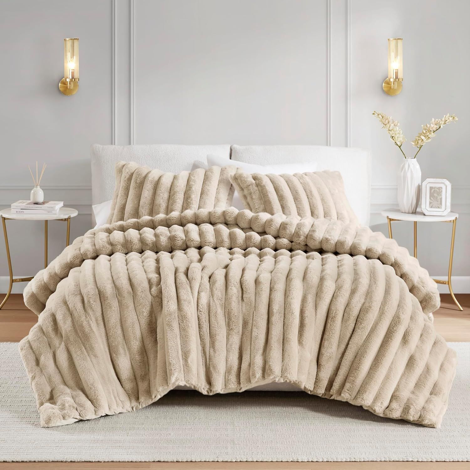 Taupe King Reversible Faux Fur Comforter Set