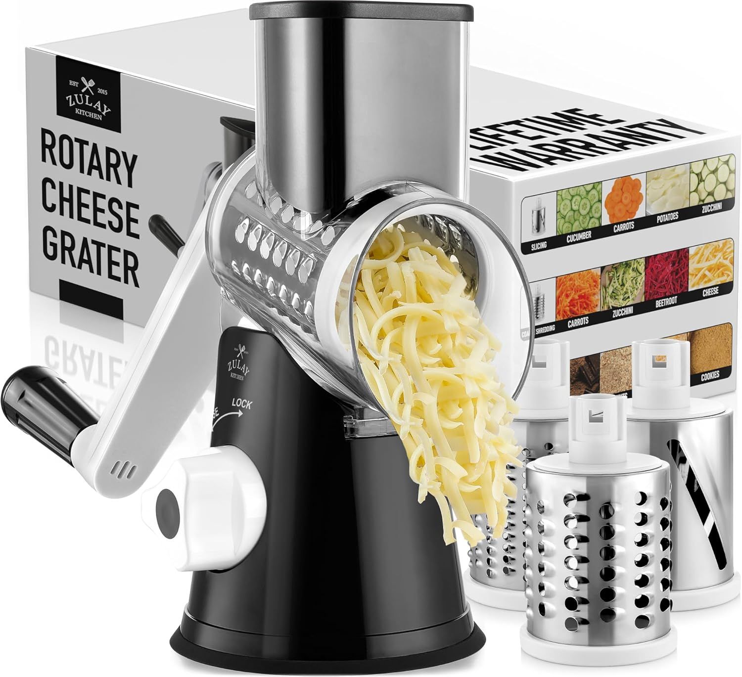 Deluxe Black Rotary Cheese Grater with 3 Stainless Steel Blades