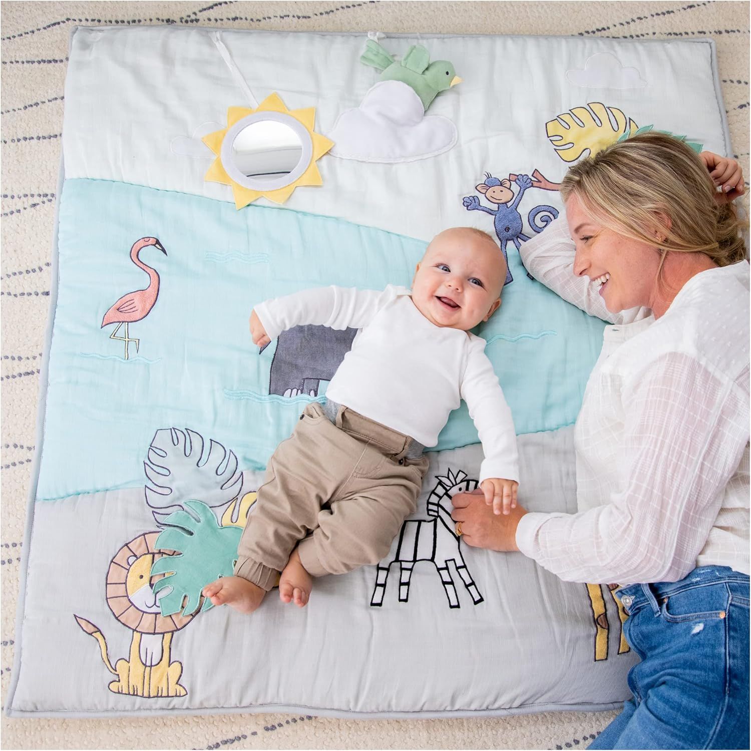 Reversible Cotton Muslin Baby Bonding Playmat with Sensory Toys