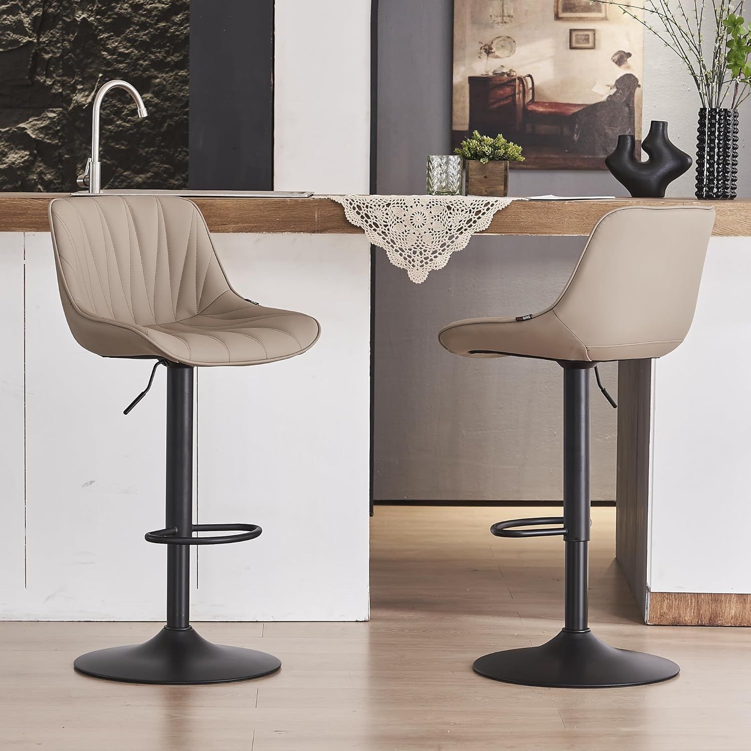 Khaki Adjustable Swivel Faux Leather Bar Stools with Metal Base