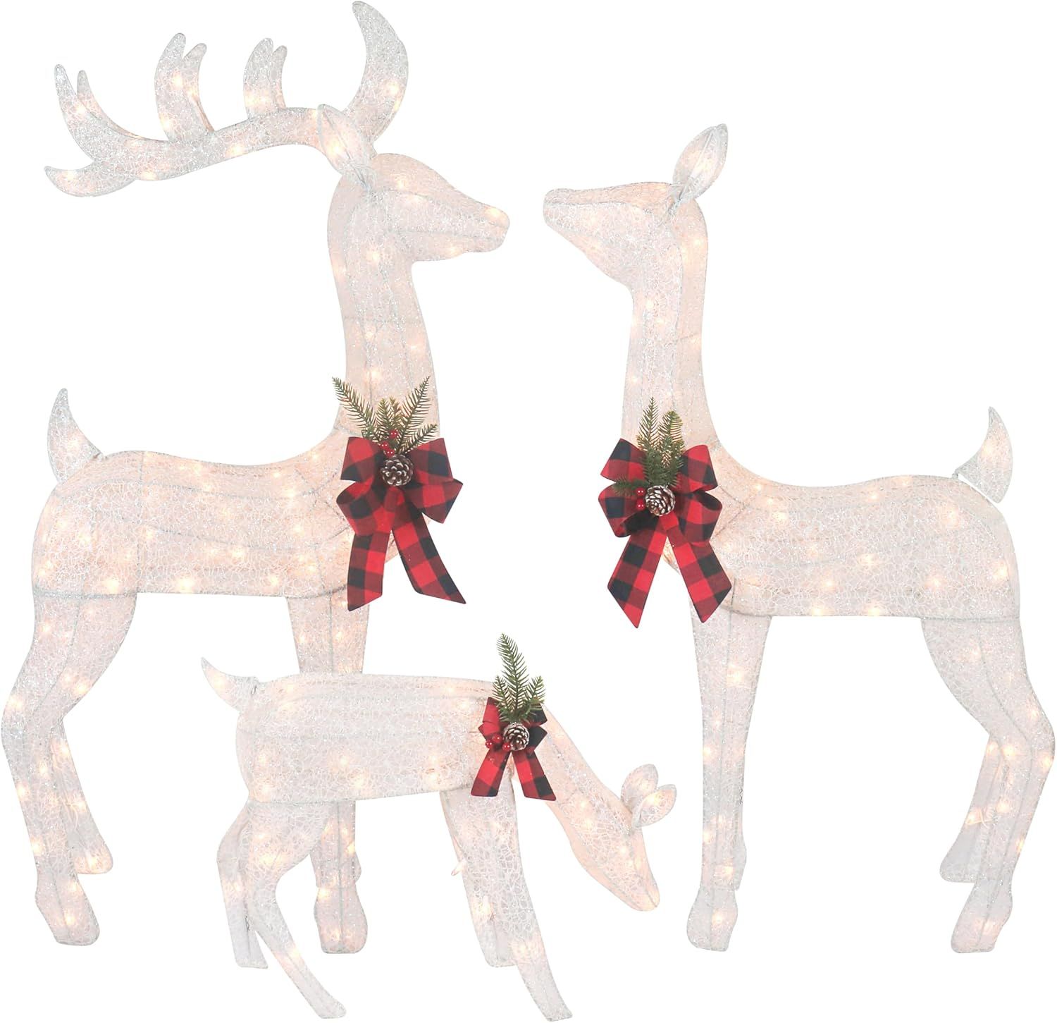 Large White Fabric Lighted Reindeer Family Set with Bows