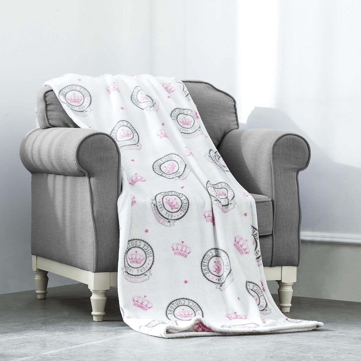 Juicy Couture Pink and White Plush Emblem Throw Blanket