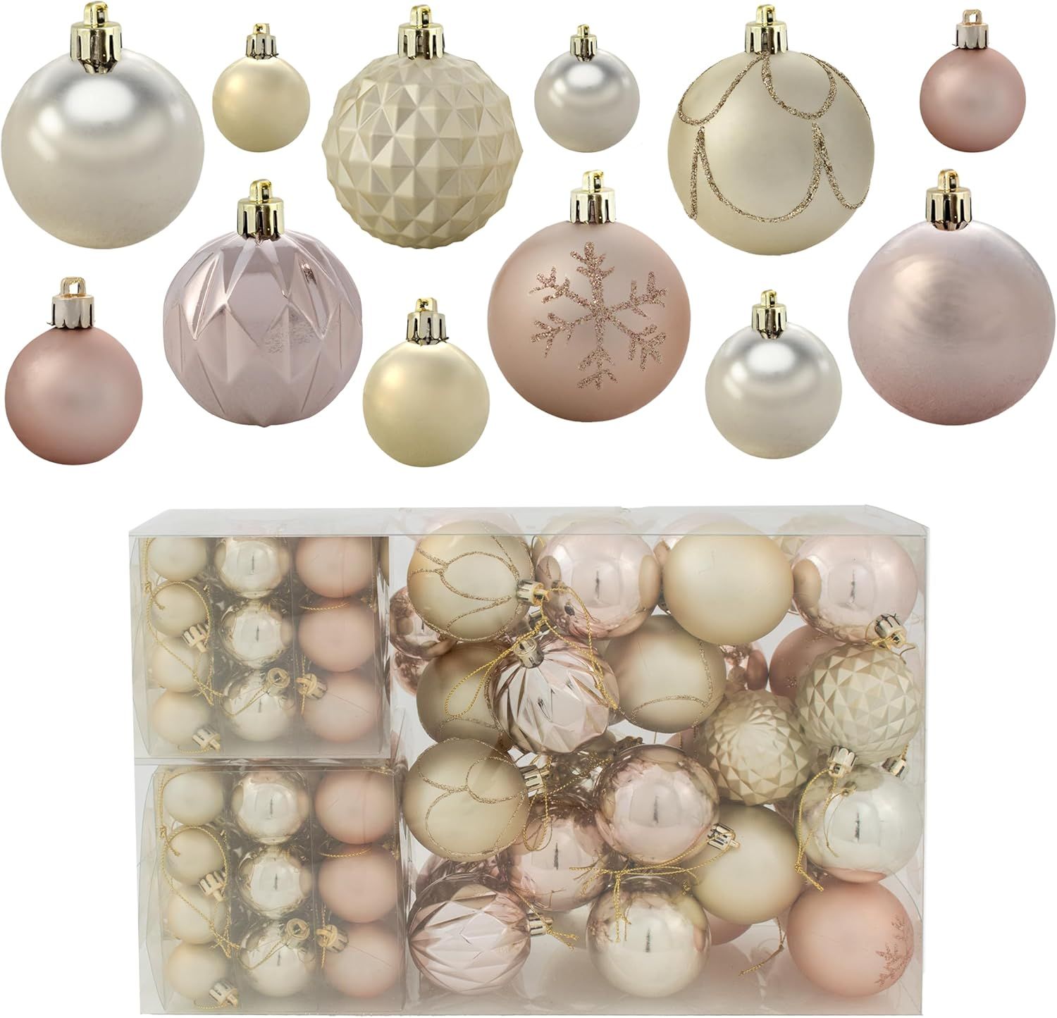 Rose Gold and Champagne Shatterproof Plastic Holiday Ornament Set