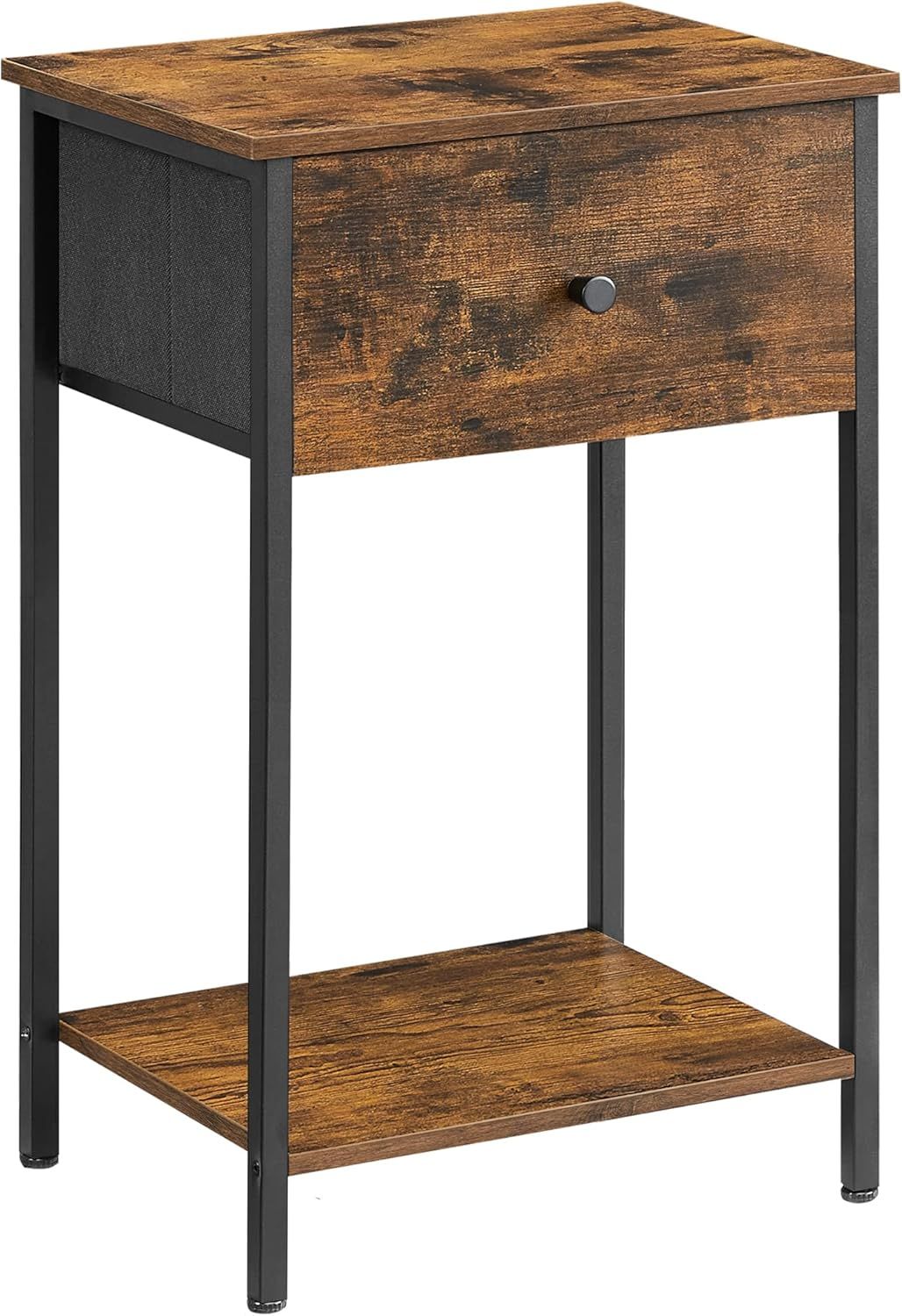 Rustic Brown and Black Metal Frame Nightstand with Drawer