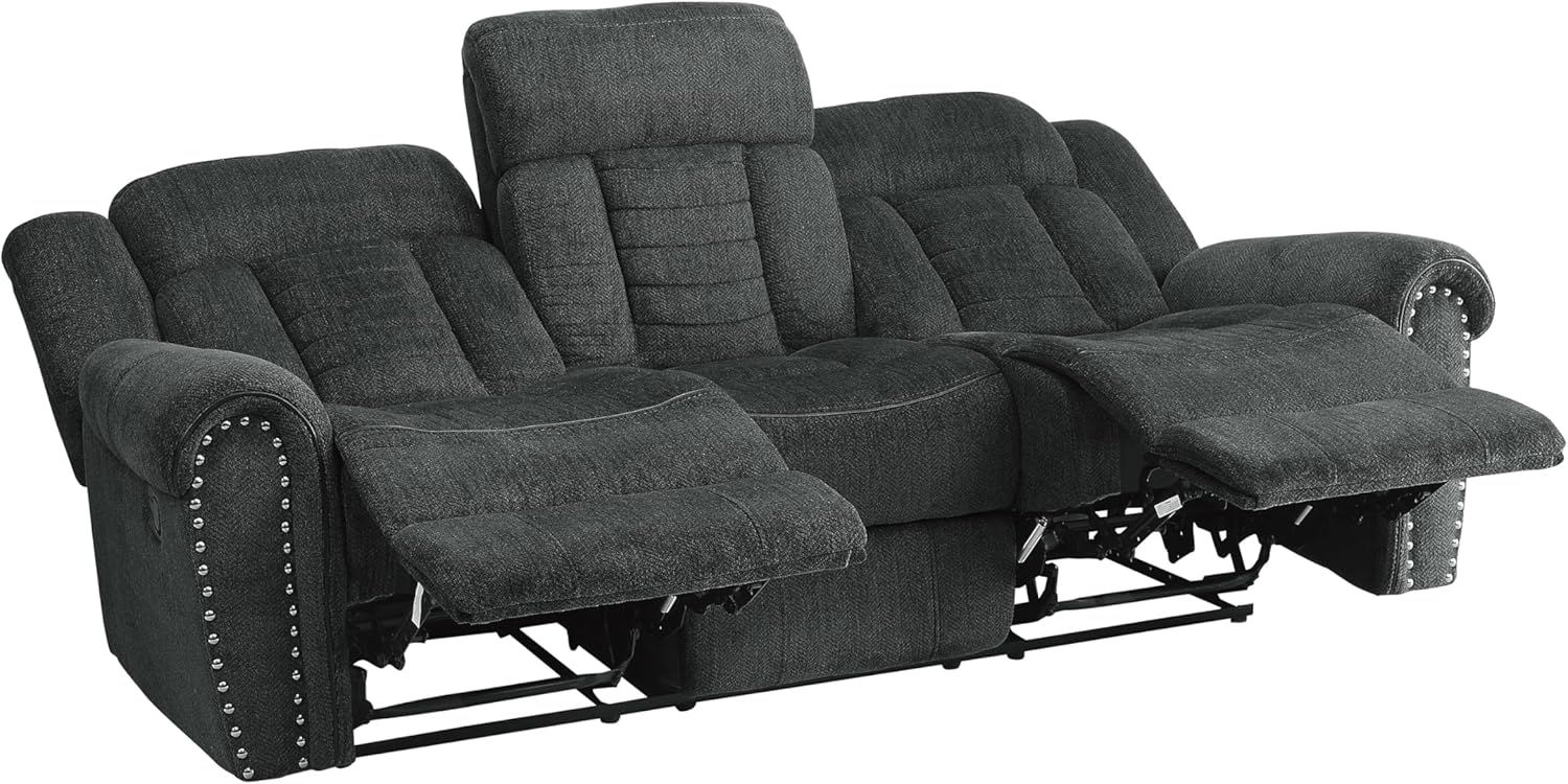 Transitional Charcoal Gray Fabric Reclining Sofa with Nailhead Accents