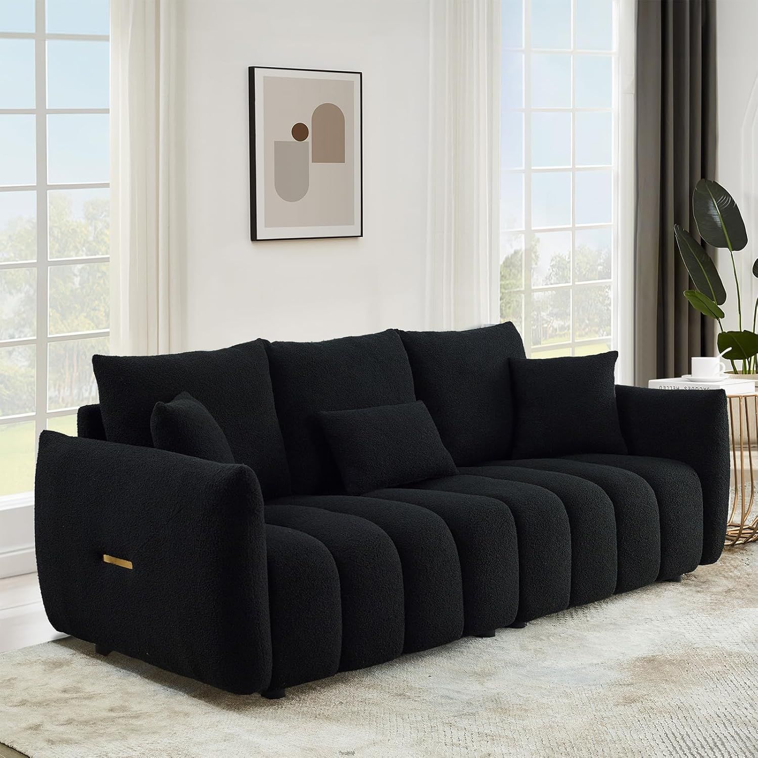 82'' Black Velvet Upholstered Modern Sofa with Pillows