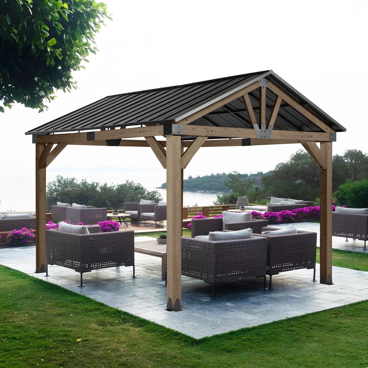 Aoodor 10 x 12 ft Light Grey Cedar Wood Gazebo with Galvanized Steel Roof