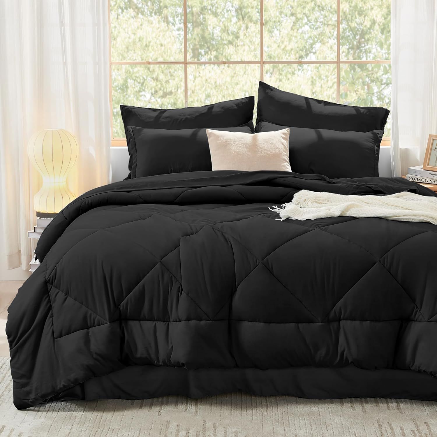 Litanika Black King Size Comforter Set with Sheets - 7 Pieces Bed in a Bag King Beddding Sets, Solid Lightweight Reversible Bed Set with Comforter, Sheets, Pillowcases & Shams