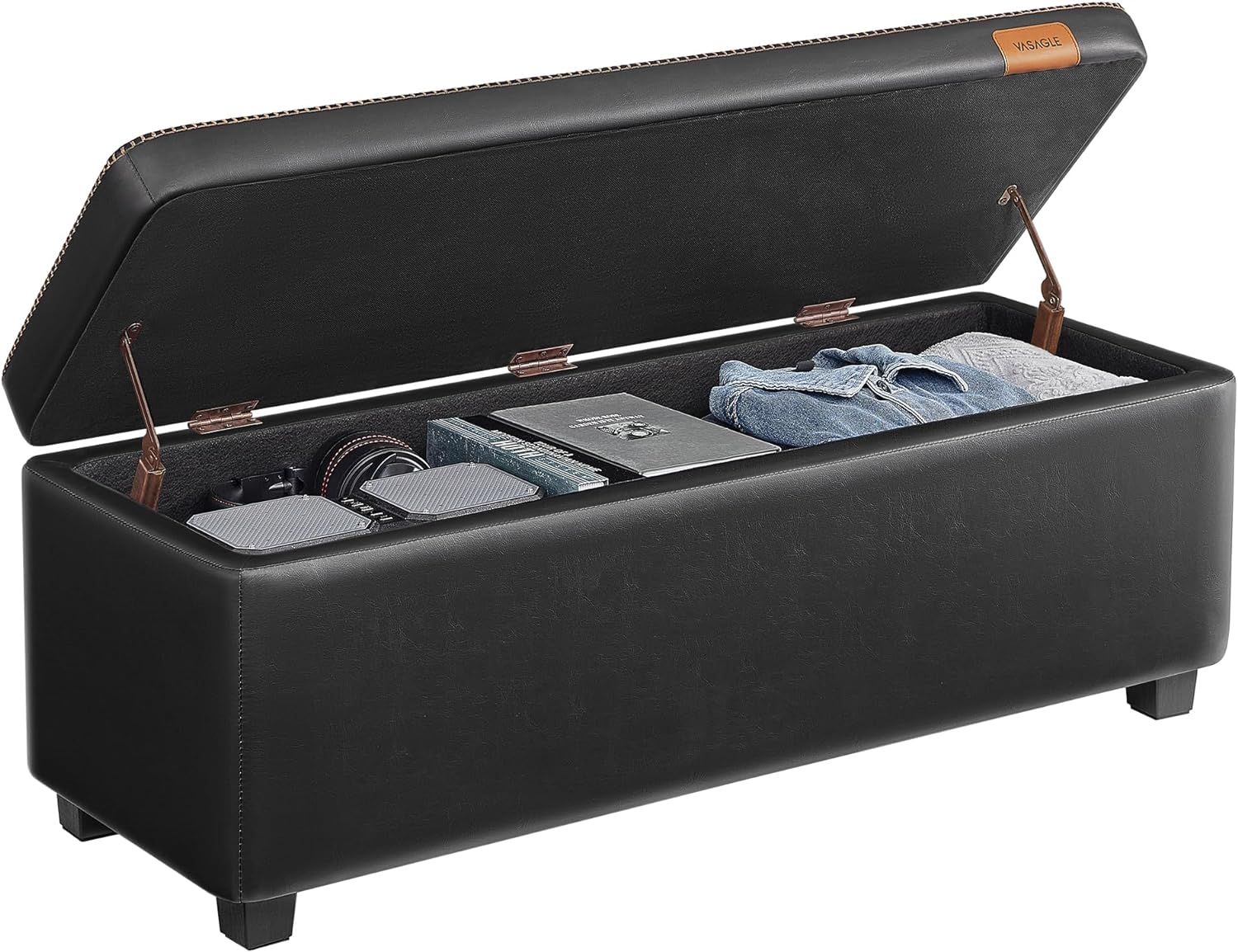 Ink Black Synthetic Leather Mid-Century Modern Storage Ottoman Bench