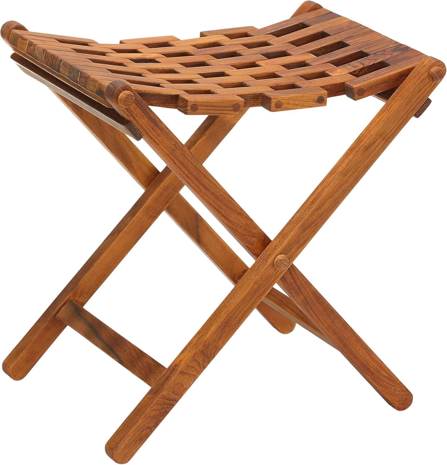 Teak Wood Mosaic Folding Stool with Trellis Design