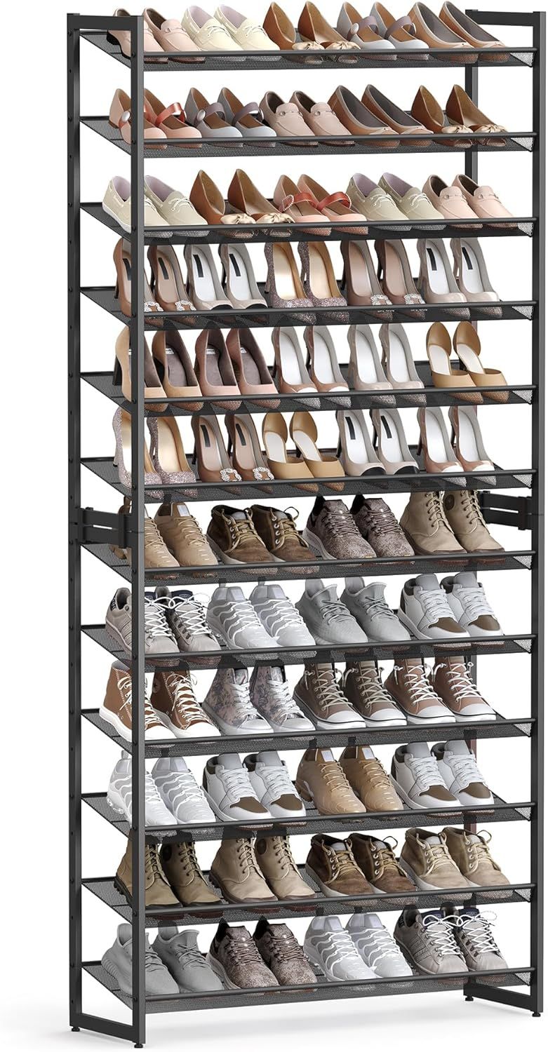 Black 12-Tier Stackable Metal Shoe Rack with Adjustable Shelves