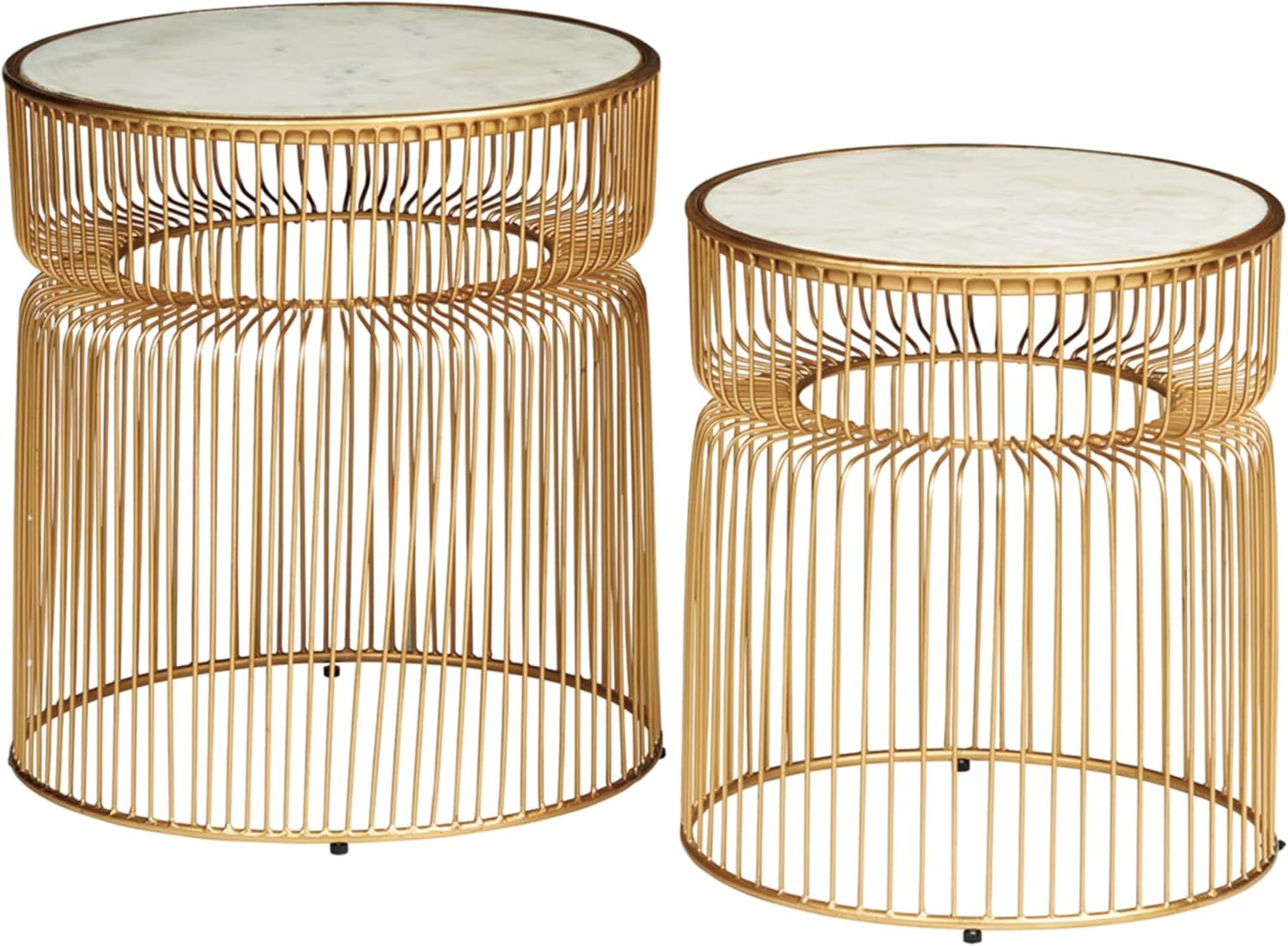 Transitional Gold & White Marble Round Side Table Set