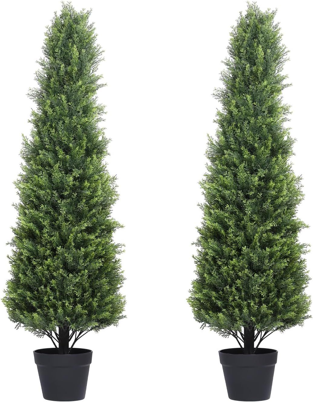 4ft Artificial Cedar Topiary Trees in Black Plastic Pots, Set of 2