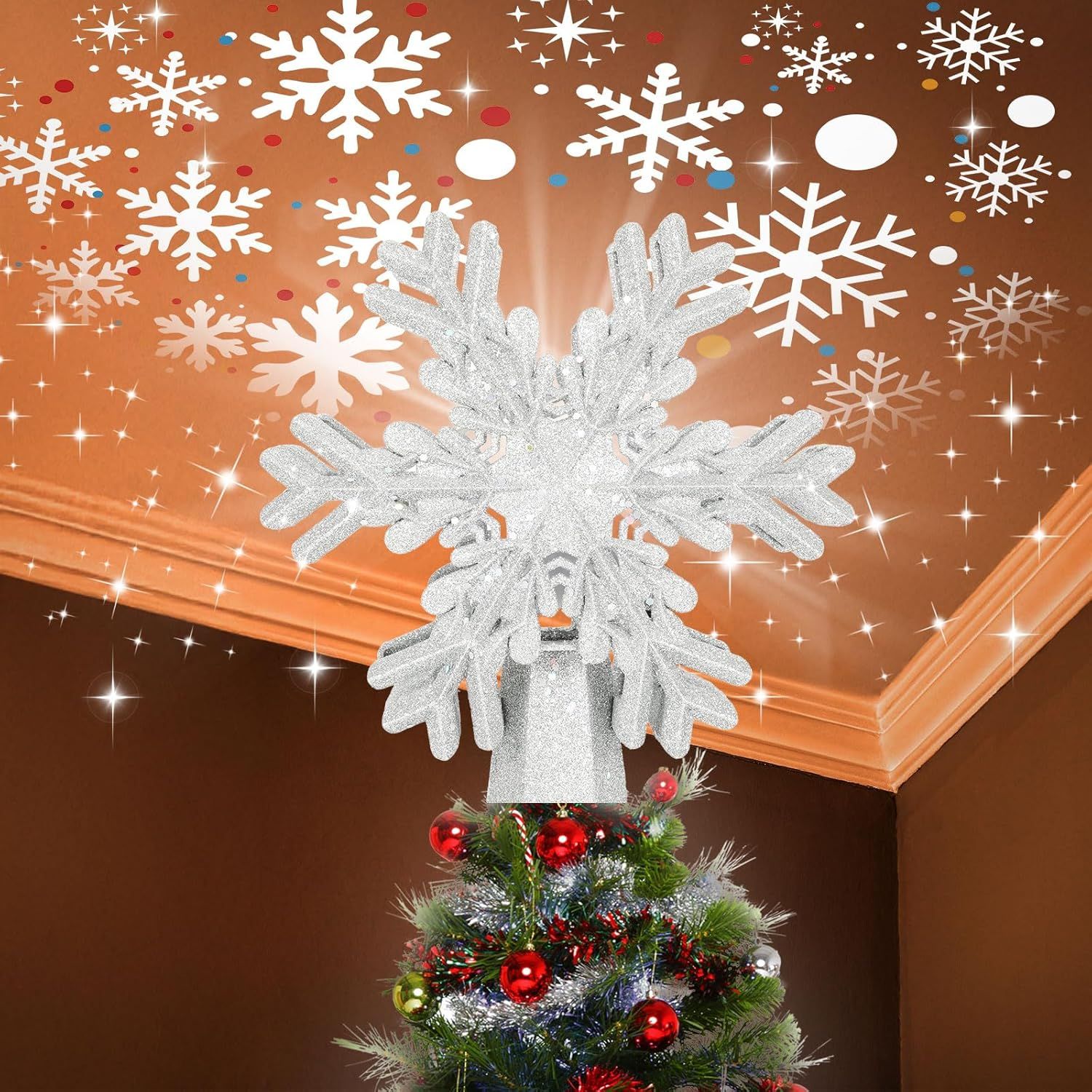 Silver Glitter 3D Snowflake LED Christmas Tree Topper