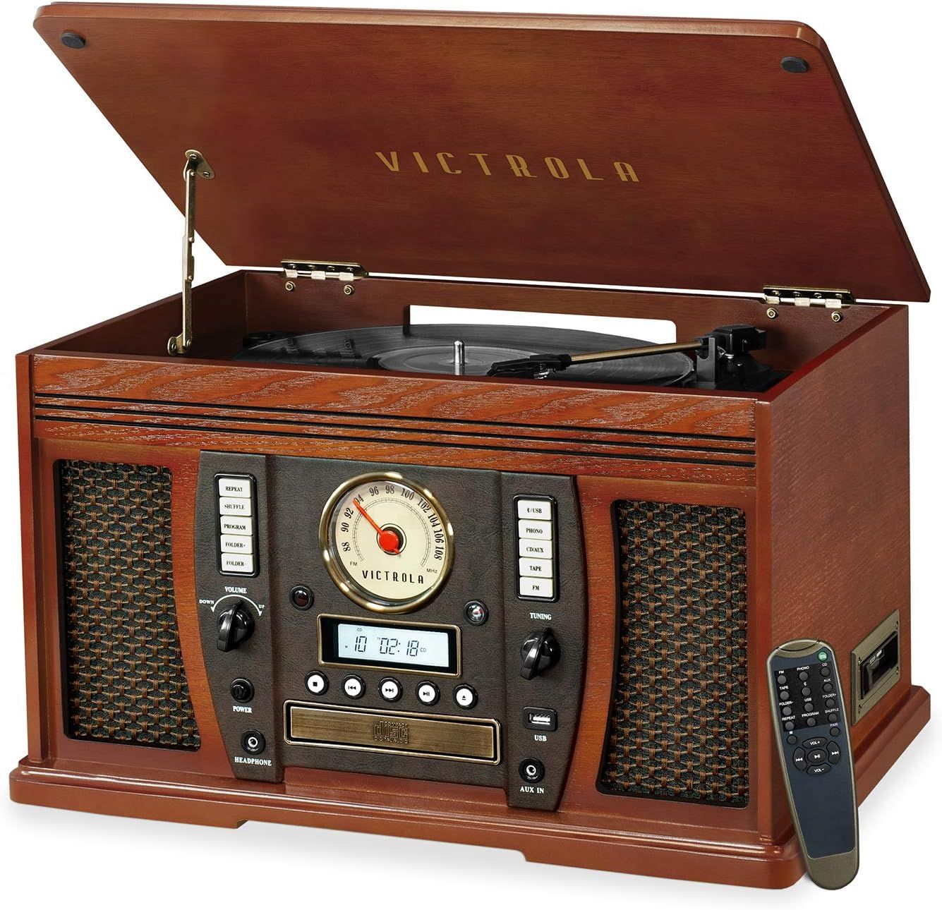 Mahogany 8-in-1 Bluetooth Record Player with CD Recorder