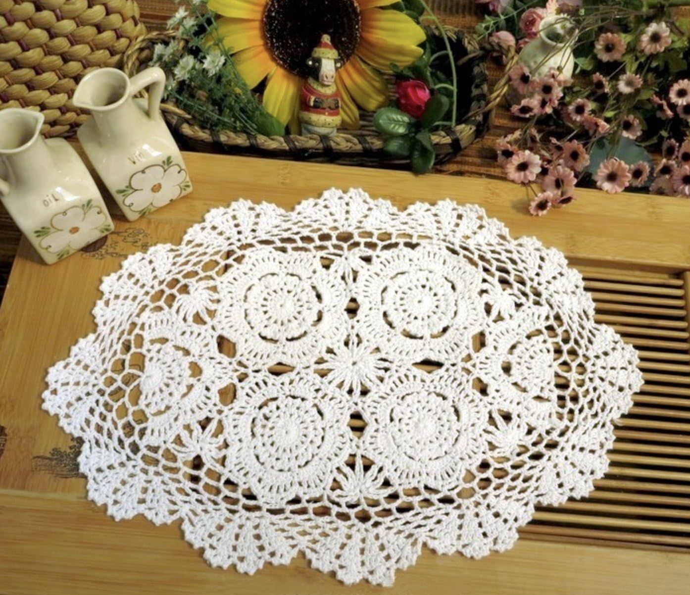 Handmade White Crochet Cotton Lace Oval Placemats, 12 x 17 inch, Set of 4