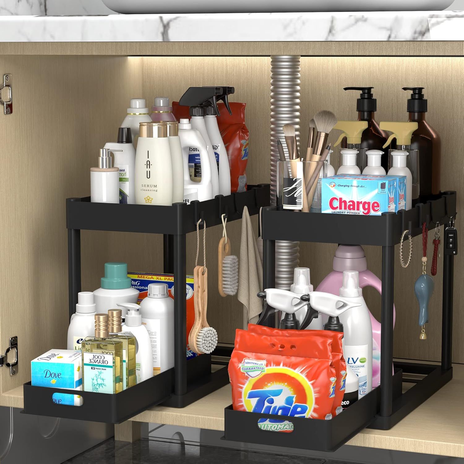 Black 2-Tier Under Sink Organizer Rack with Sliding Drawers and Hooks