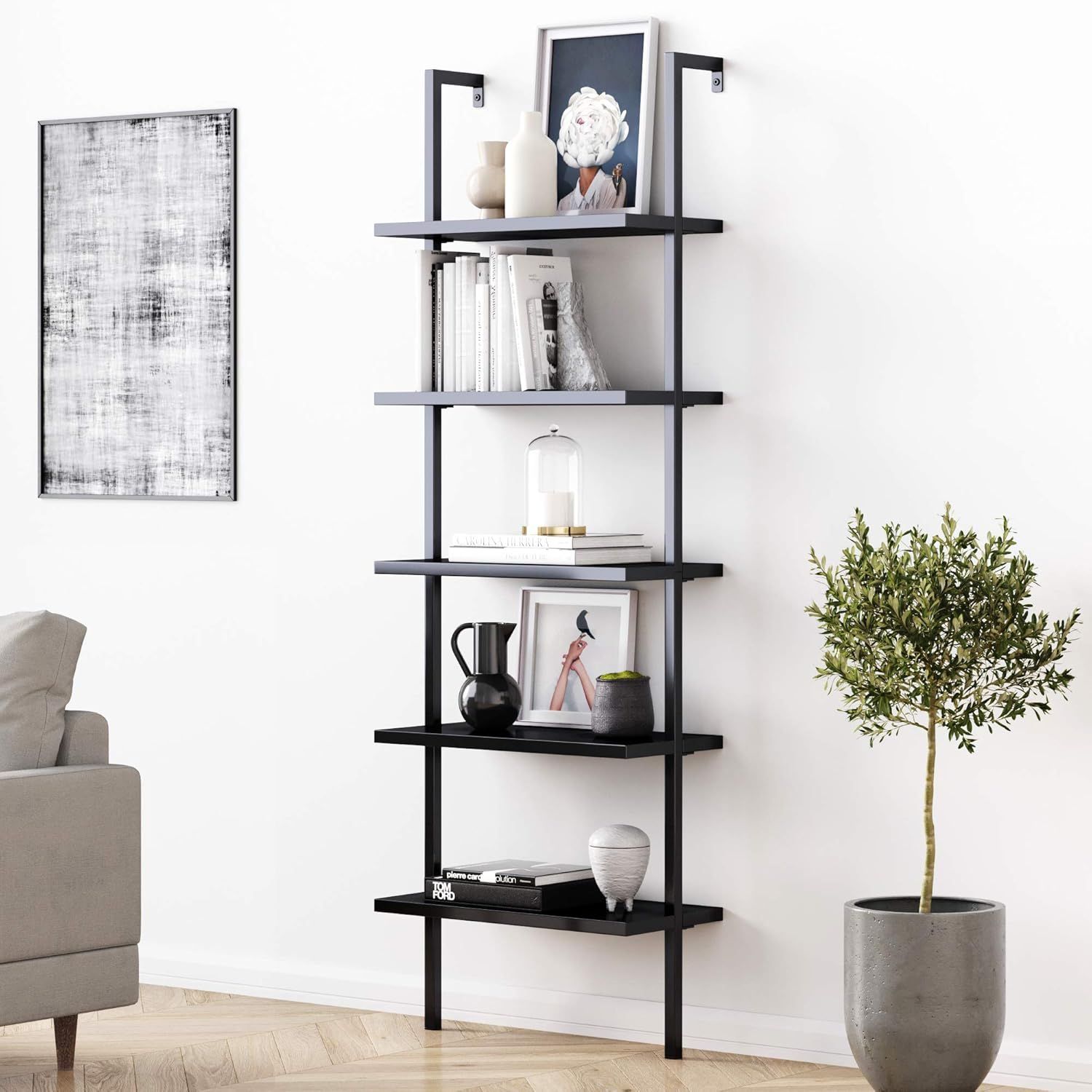 Matte Black Wood 73" Industrial Ladder Bookcase