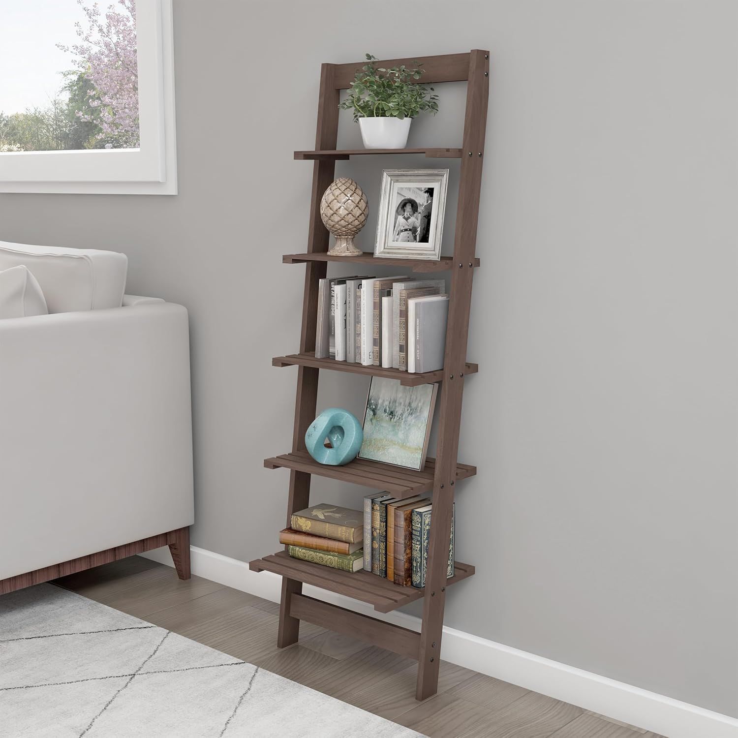 Walnut 5-Tier Ladder Bookshelf for Small Spaces