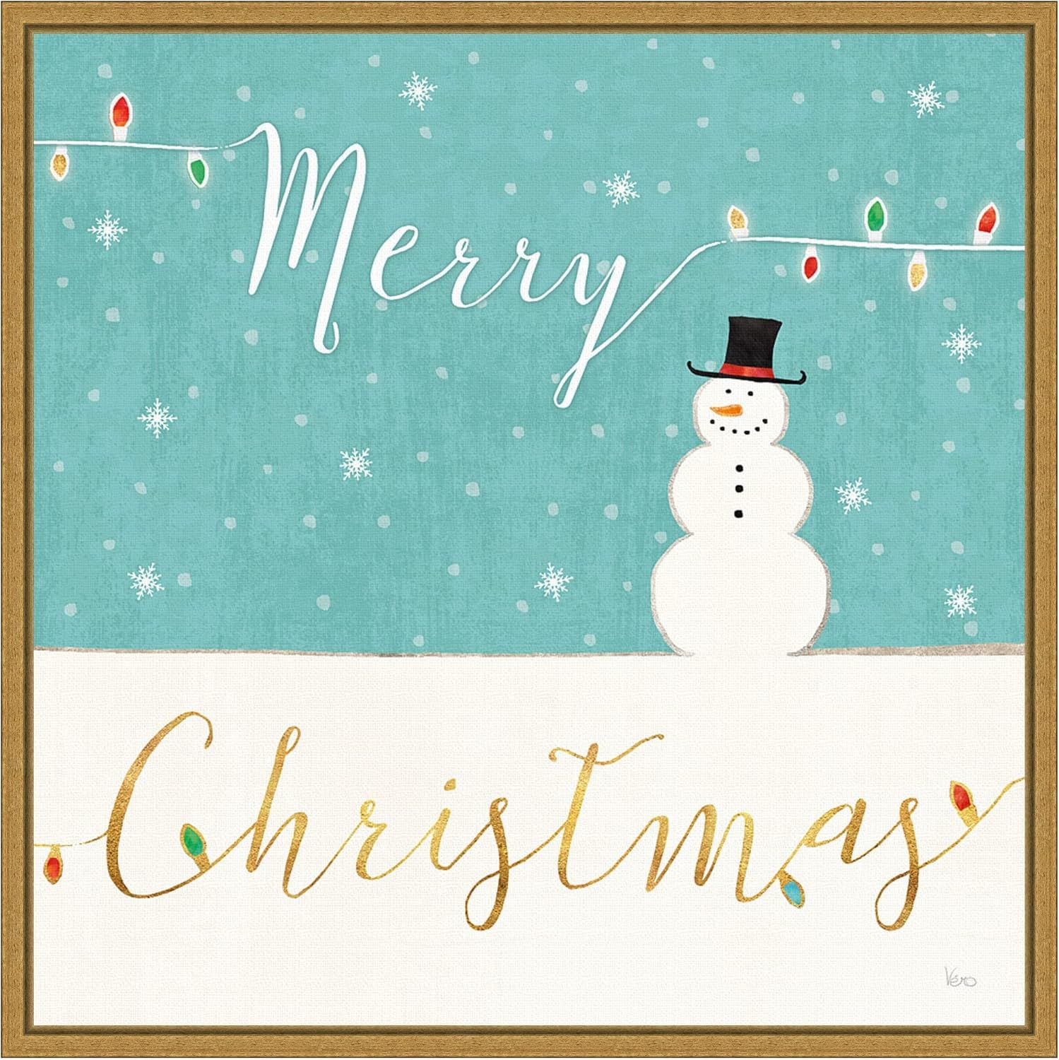 Merry Christmas Snowman Canvas Print with Gold Frame