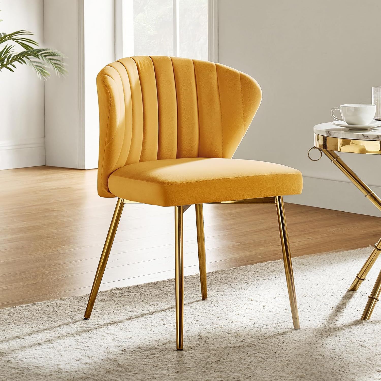 Mustard Velvet Upholstered Side Chair with Gold Metal Legs