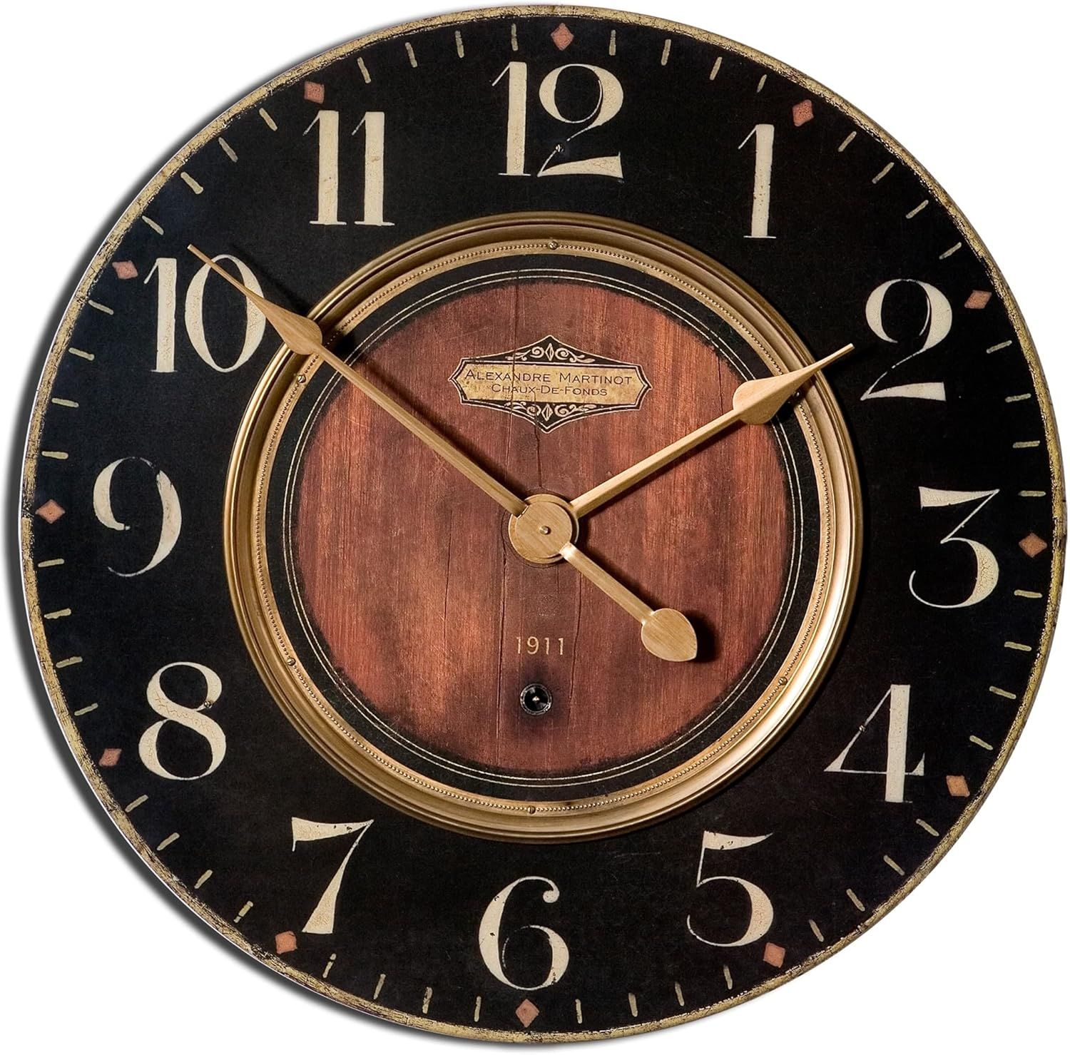 Rustic Black and Brass Round Wall Clock