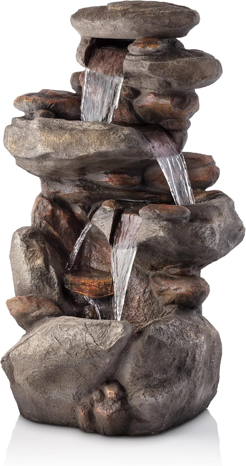 Gray Polystone Rock Waterfall Fountain with LED Light