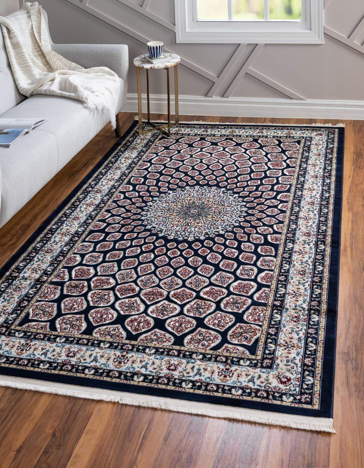 Navy Blue and Beige Rectangular 8' x 10' Synthetic Area Rug