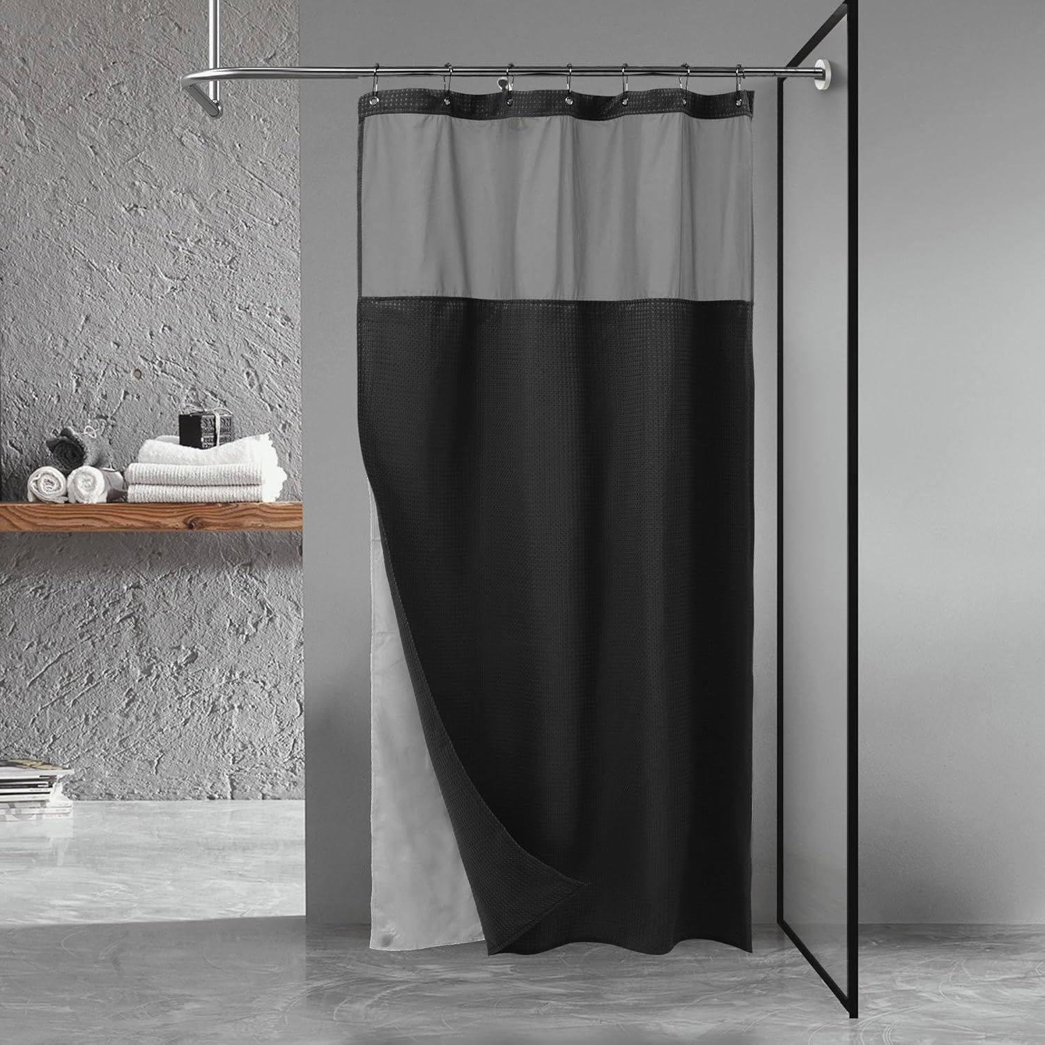 Black and Gray Waffle Weave Shower Curtain with Liner and Hooks