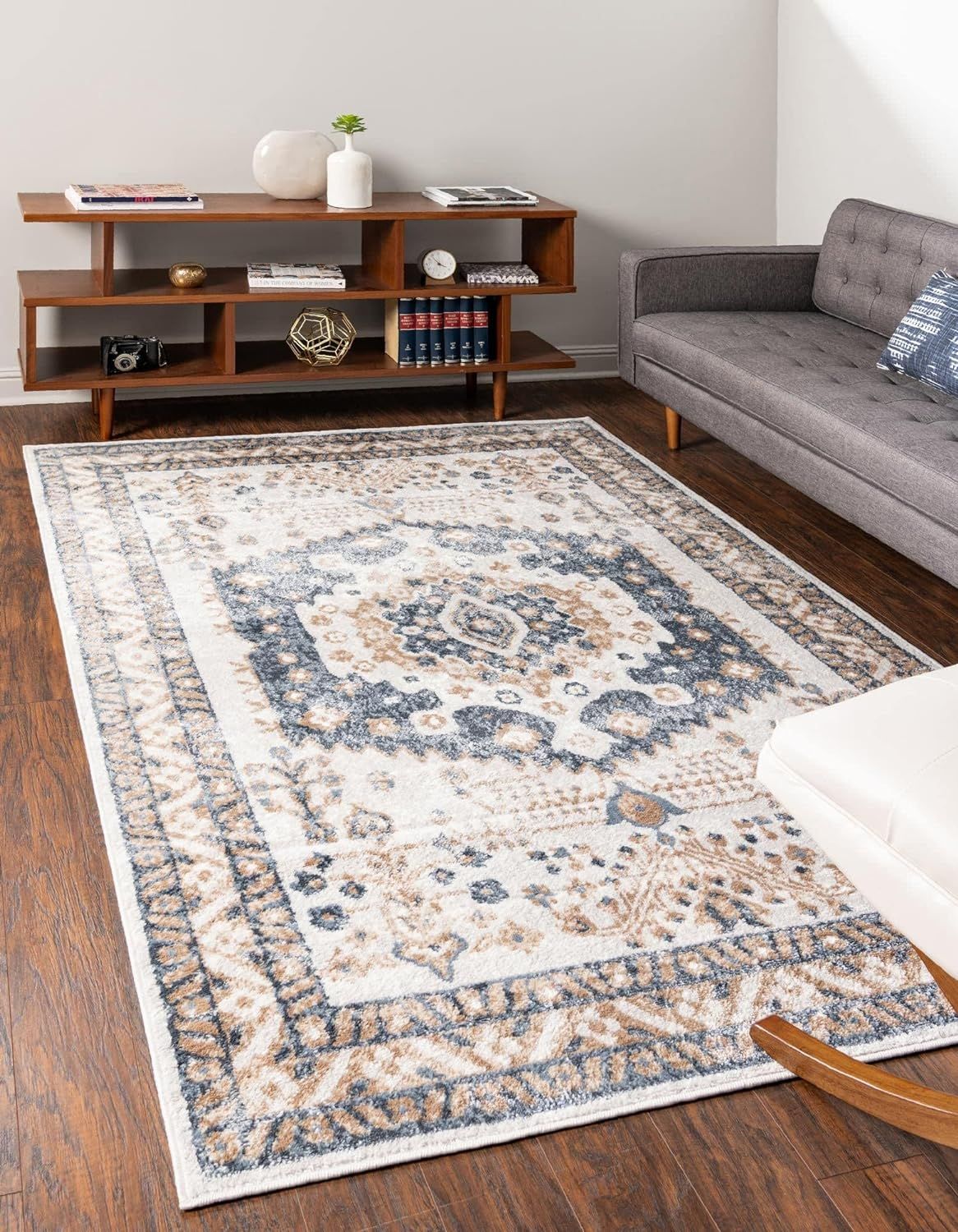 Cream and Navy Blue Floral Rectangular Synthetic Area Rug