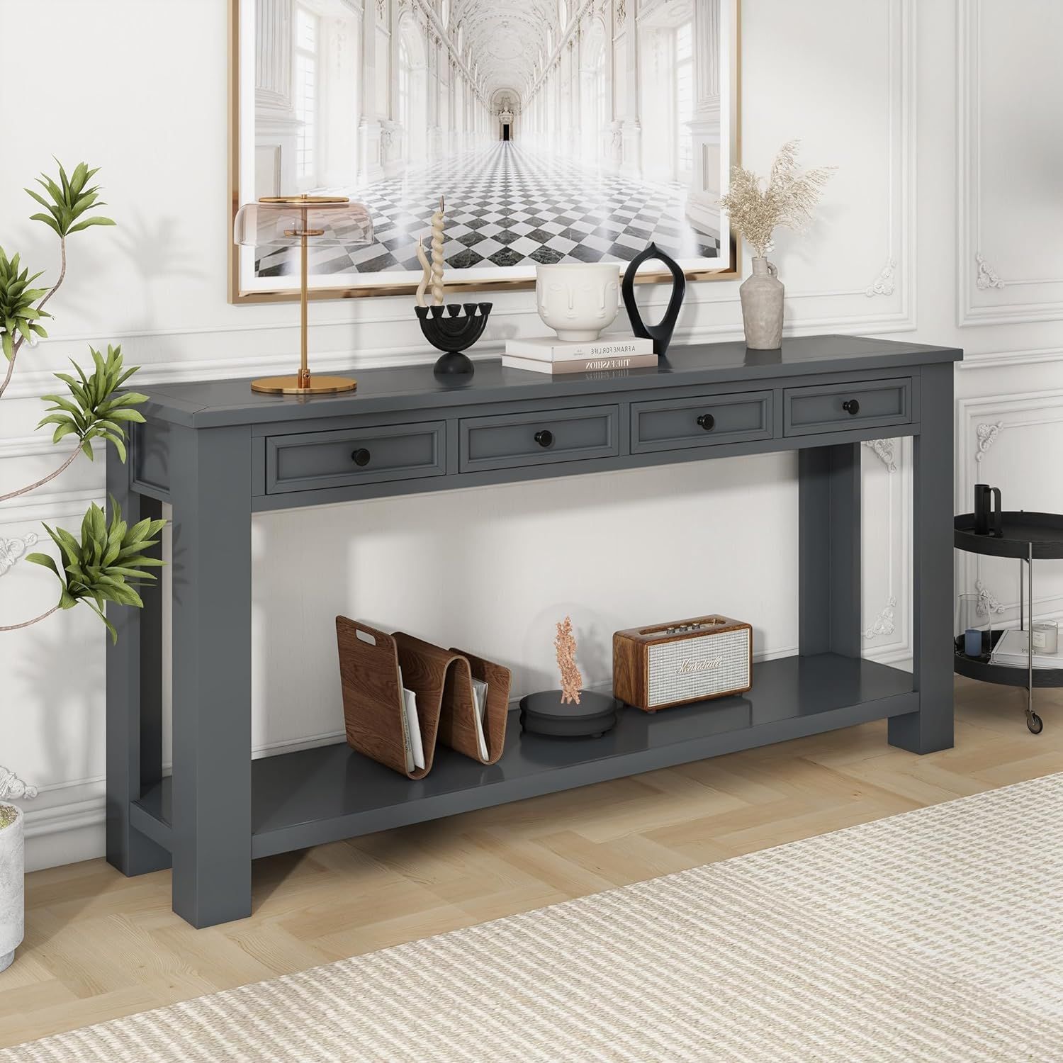 Gray Solid Wood Console Table with Storage Drawers and Shelf