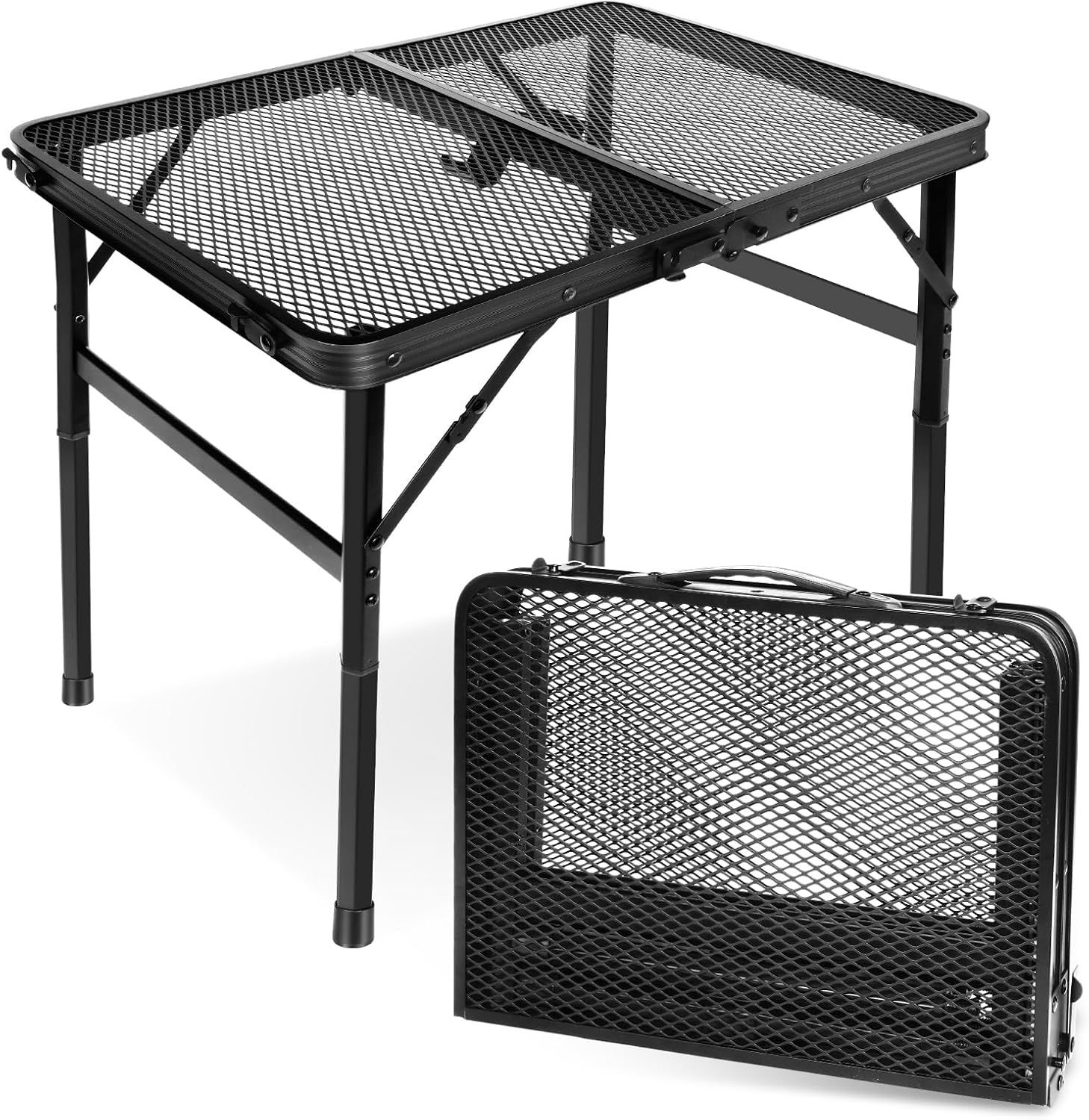 Compact Black Aluminum Folding Picnic Table with Mesh Design