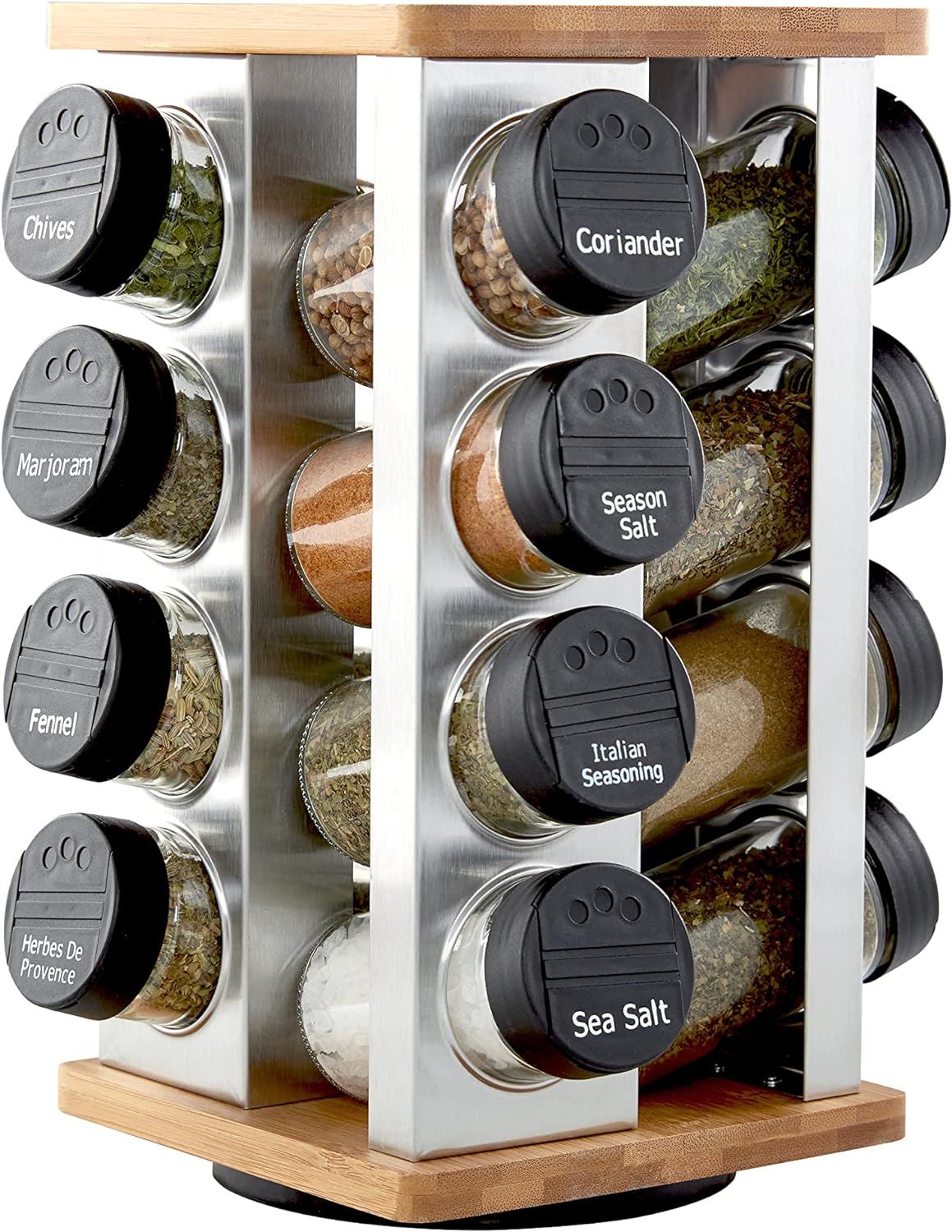 Bamboo and Stainless Steel Revolving Countertop Spice Rack with 16 Jars