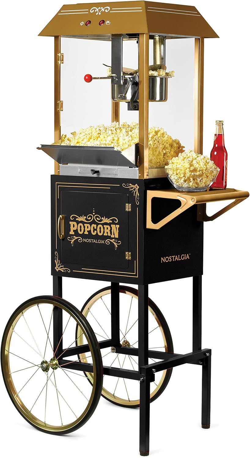 Vintage Black and Gold Popcorn Cart with Stainless Steel Kettle