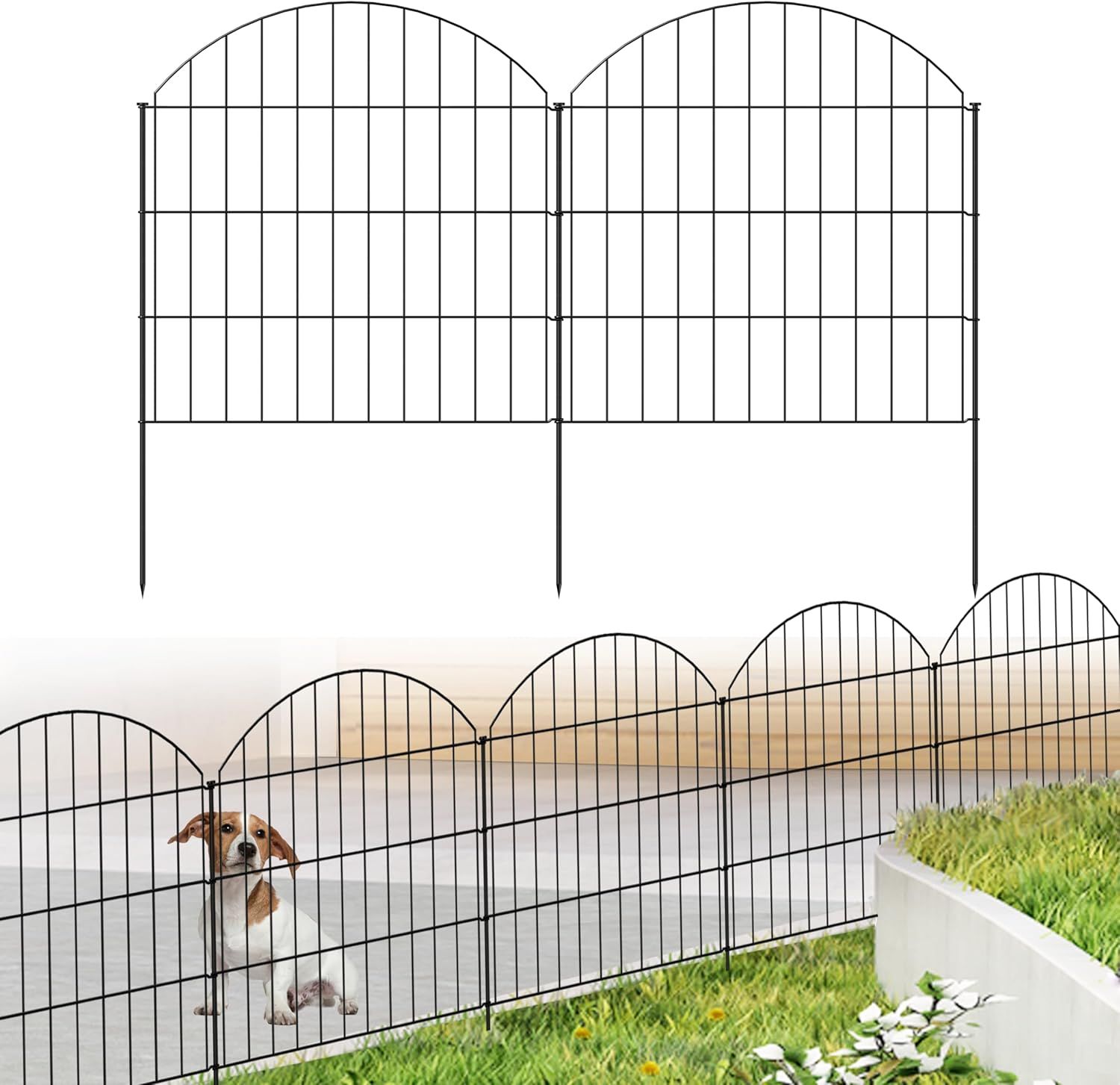 Black Metal Garden Fence Panels with Stakes, 28in x 11.7ft