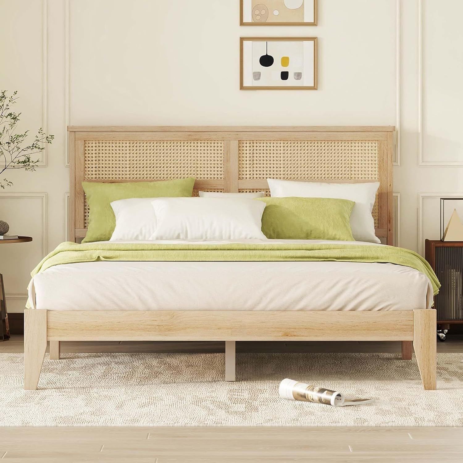 Natural Queen Wood Bed Frame with Rattan Headboard and Storage