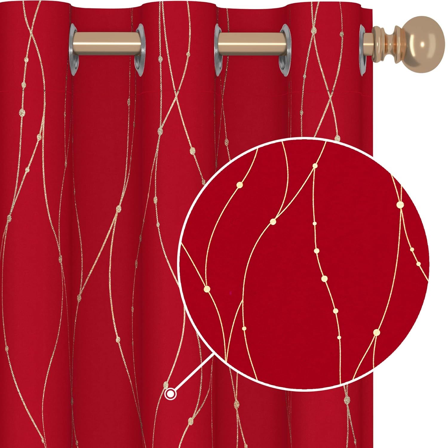 Red Polyester Blackout Window Panels with Gold Dotted Lines