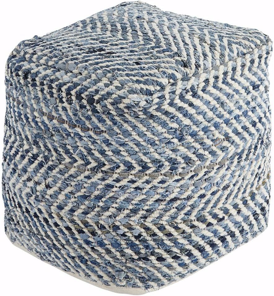 Blue and White Chevron Woven Cotton Pouf